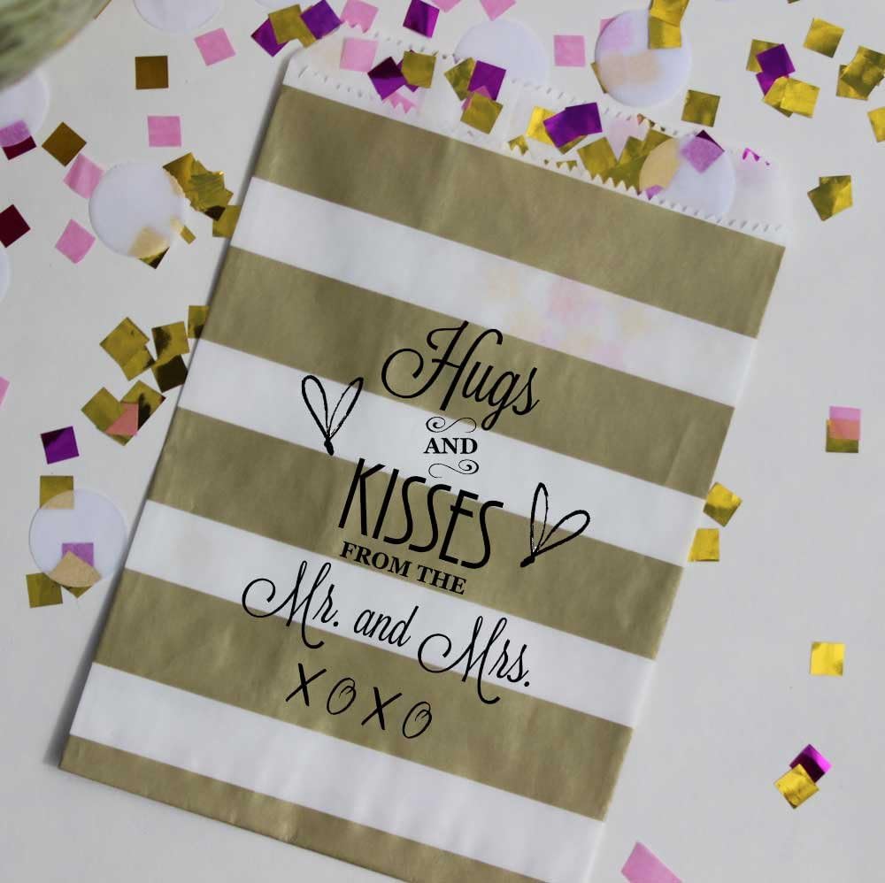 Bakers Bling Party Favor Bags, White and Gold Stripe Candy Bags, Hugs and Kisses from The Mr and Mrs, 5.5 x 7.5, Set of 48 Bags and 48 Stickers