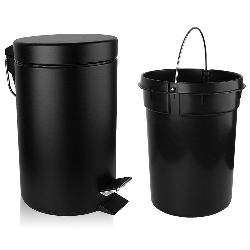 H+LUX Trash Can,Round Mini Trash Can with Soft Close Lid and Removable Inner Wastebasket for Bathroom Bedroom Office,Fingerprint Resistance,0.8 Gallon/3 Liter,Black