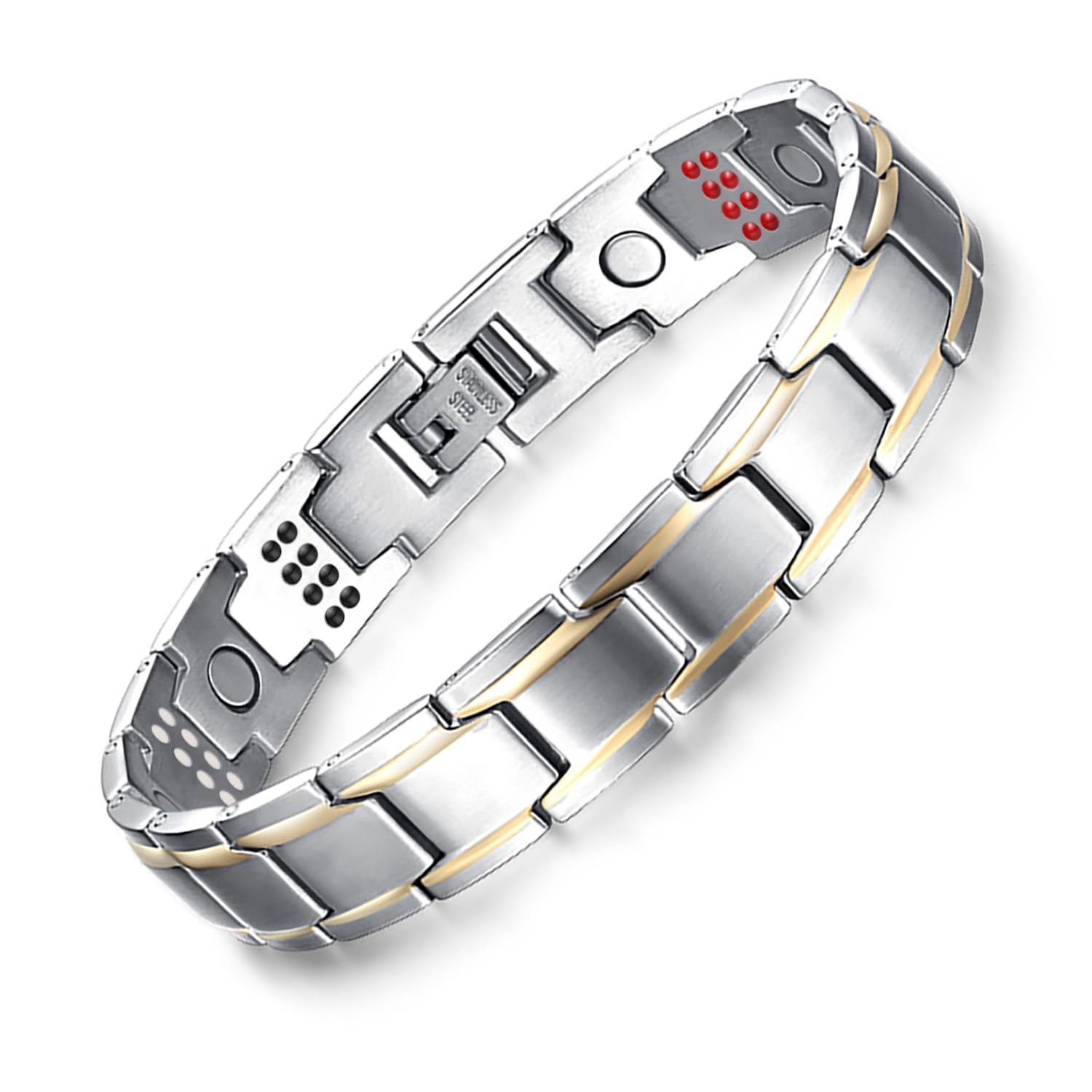 JFUME 5X Strength Magnetic Bracelets for Men 18K Gold Plating PVD Black and Silver Plating and 4in1 Elements Men Bracelets 8.5inches adjustable (Silver and Gold)