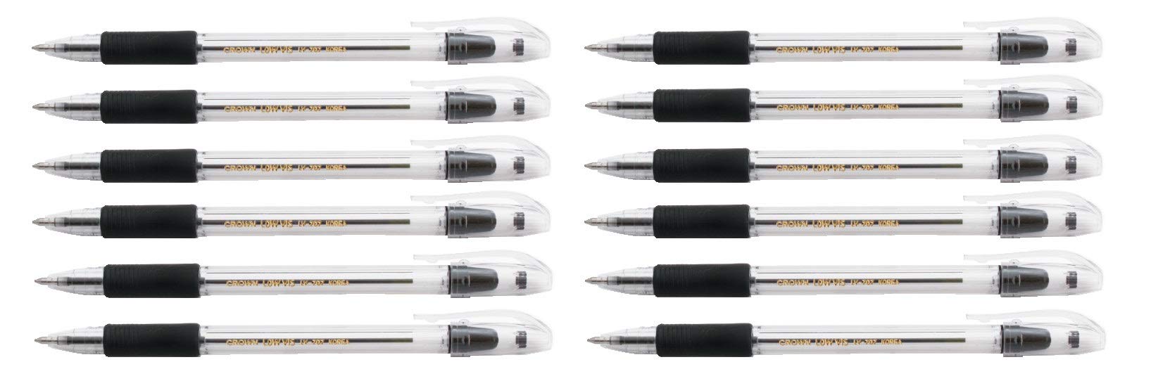CROWN LV-707 Grip Ballpens Medium Point Ballpen With Soft Grip - Black Ink - Pack Of 12 - Clear Barrel