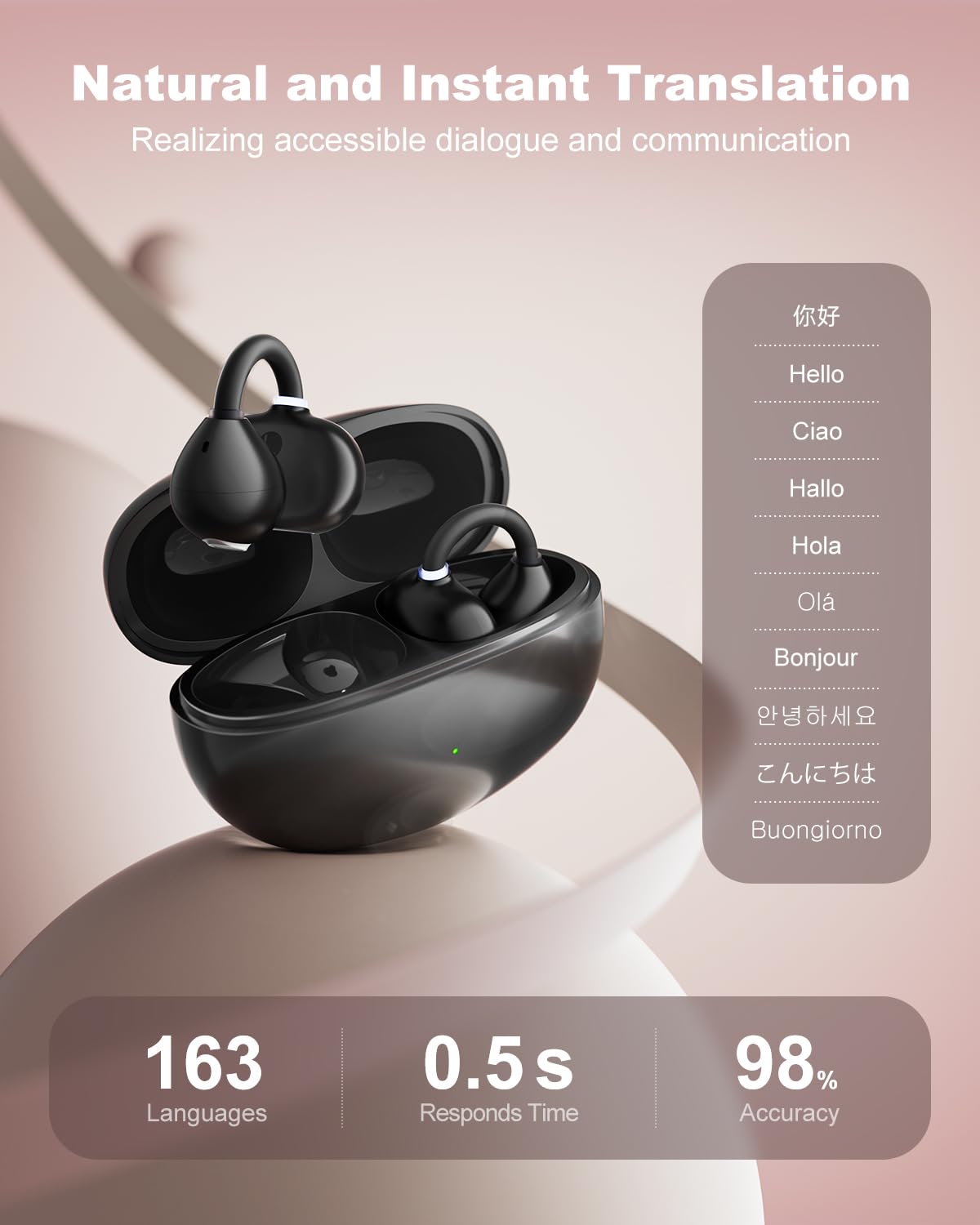 AI Translation Earbuds Real Time, 163 Languages & Accents Translator Ear Buds Audífonos Traductores Inglés Español Open Ear Earbuds Wireless Headphones for Travel Business Learning
