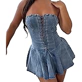 Yqisier Sexy Tube Denim Dress Corset Strapless Ruffled Hem Jean Mini Dress