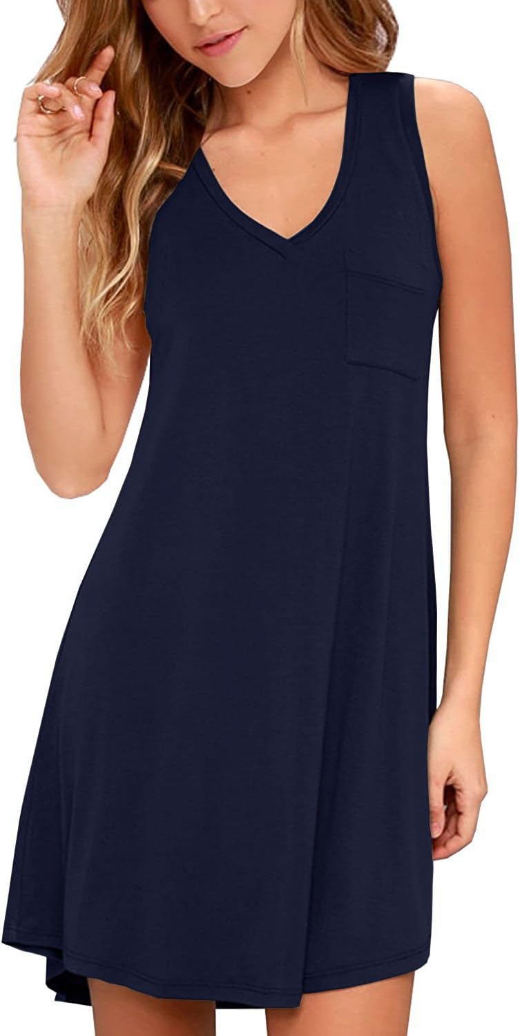 KEEDONE Women's Sleeveless Pockets Casual Swing T-Shirt Dresses Tank Dresses (M, Navy Blue)