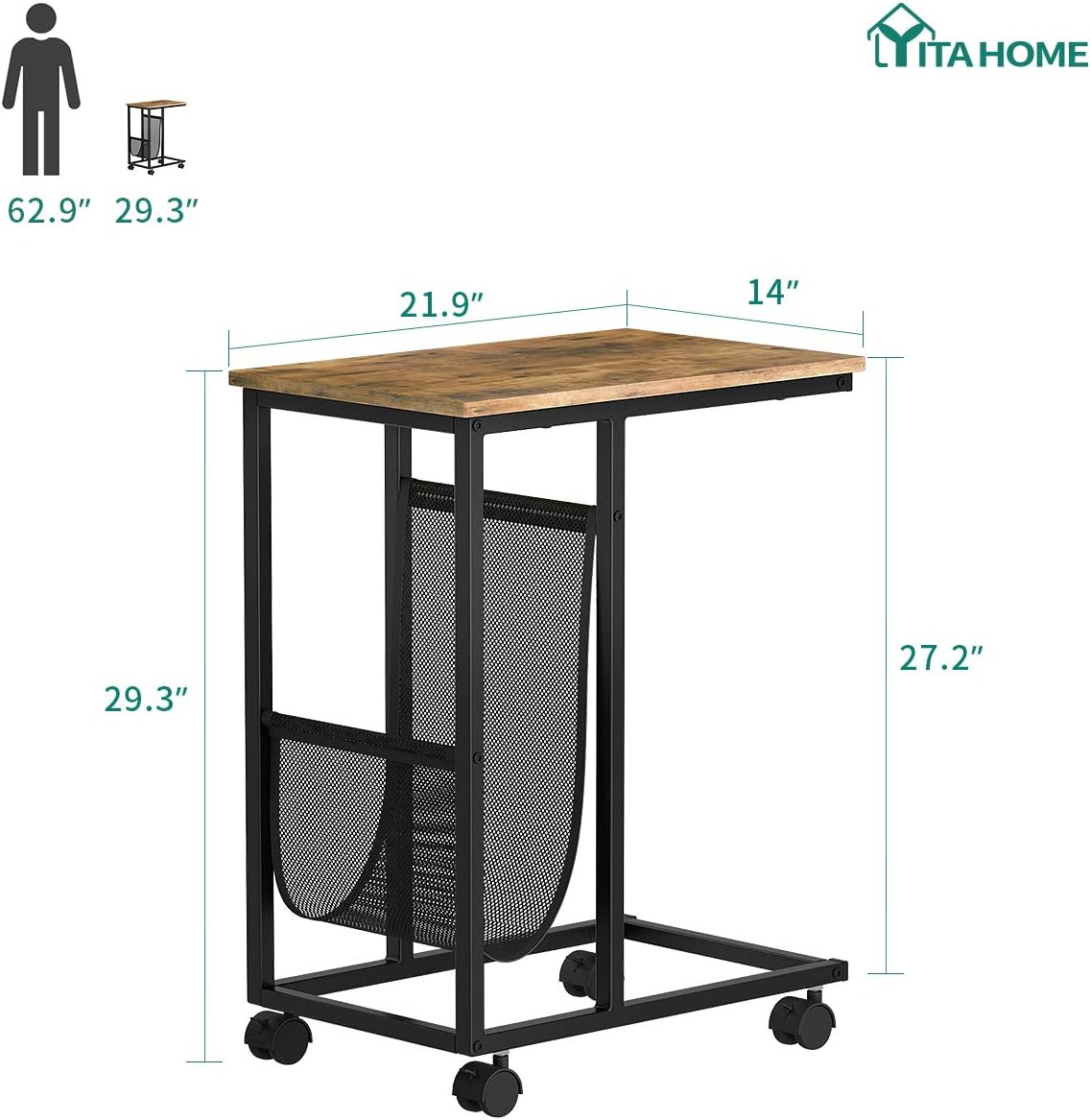 YITAHOME Sofa Side Table,Nightstands, End Table with Wheels and Side Pocket,Easy Assembly (Rustic Brown) …: Kitchen & Dining