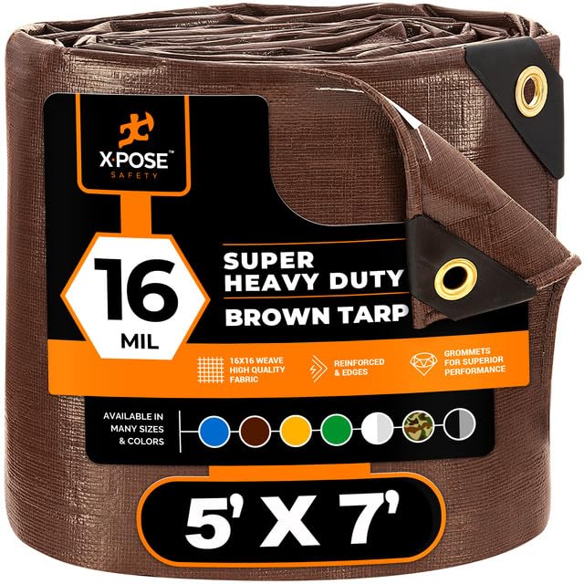 Xpose Safety Super Heavy Duty 16 Mil Brown Poly Tarp Cover - Thick Waterproof, UV Resistant, Rip and Tear Proof Tarpaulin with Grommets and Reinforced Edges - by (5' x 7')