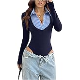 SOLY HUX Women's Striped Long Sleeve Bodysuits Button Down Tshirts Collared 2 in 1 Tops Preppy Clothes