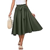 Poplab Women's Elastic High Waist Pleated A-Line Midi Skirts with Adjustable Tie Belt Side Pockets