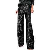 ODIZLI Womens Wide Leg Sparkle Sequin Pants Elastic High Waisted Bling Glitter Dance Pants