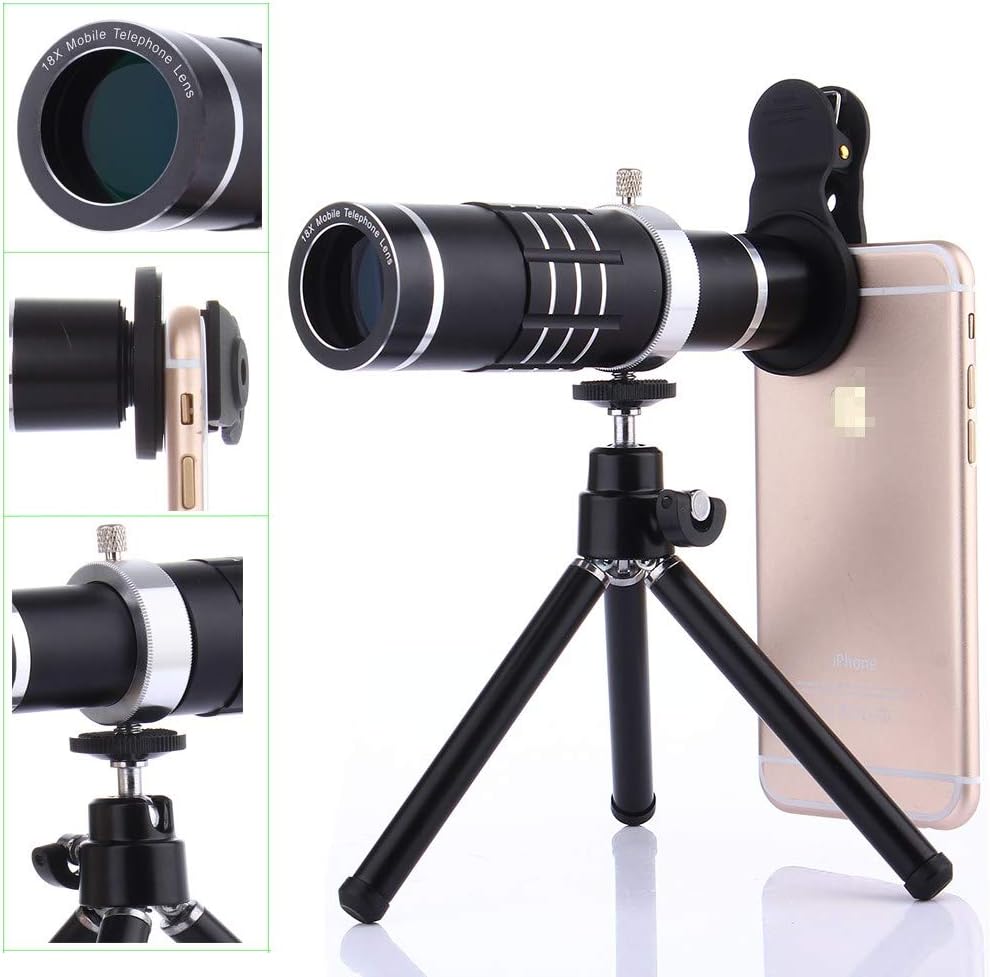 BECROWMEU Mobile Camera Lens 18x Phone Telephoto Lens Wide Angle Macro Lens with Universal Clip Attchment and Tripod for iPhone Samsung Huawei Most Smartphone Silver