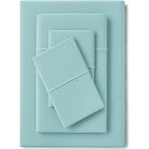 Feather &amp; Stitch 100% Cotton Sateen 500 TC Queen Size Bed Sheet Set | 18" Deep Pockets, All-Around Elastic, 4 Pc Bedding Solid Color, Soft &amp; Smooth, Durable &amp; Easy Care - Mist Blue