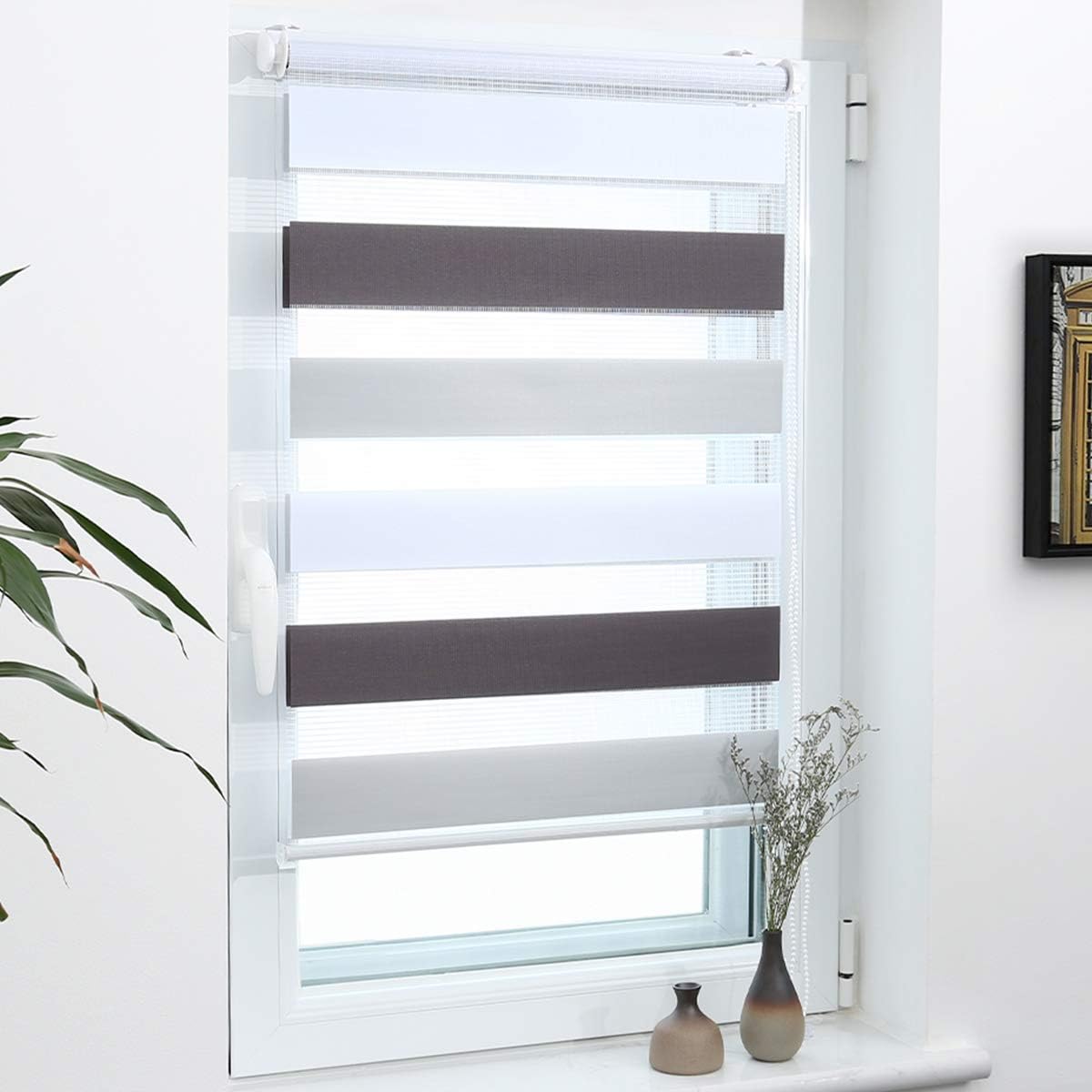Day and Night Blind Roller Blind Zebra Window Roller Blind, No Drilling, 70 x 150 cm White Grey Anthracite Daylight Translucent, Night Time Blackout