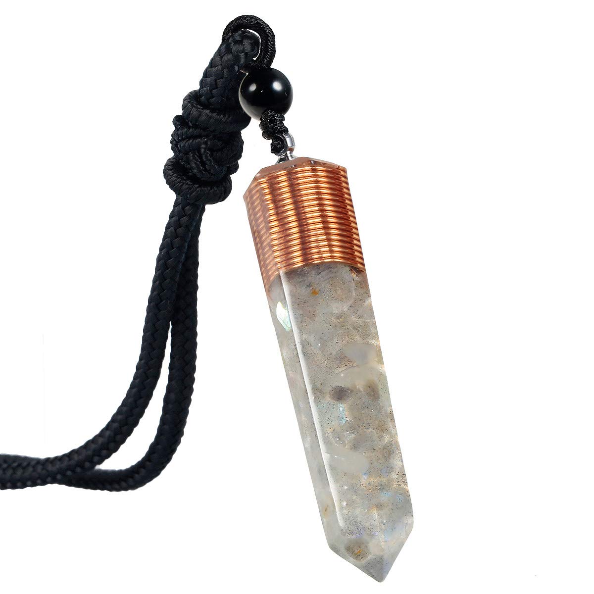 mookaitedecor Labradorite Crystal Point Pendent Necklace for Women Men, Resin Healing Crystal Chip Necklace Grey Crystal Pendulum Necklace Hexagonal Semi Precious Stone Reiki Chakra Spiritual Gift