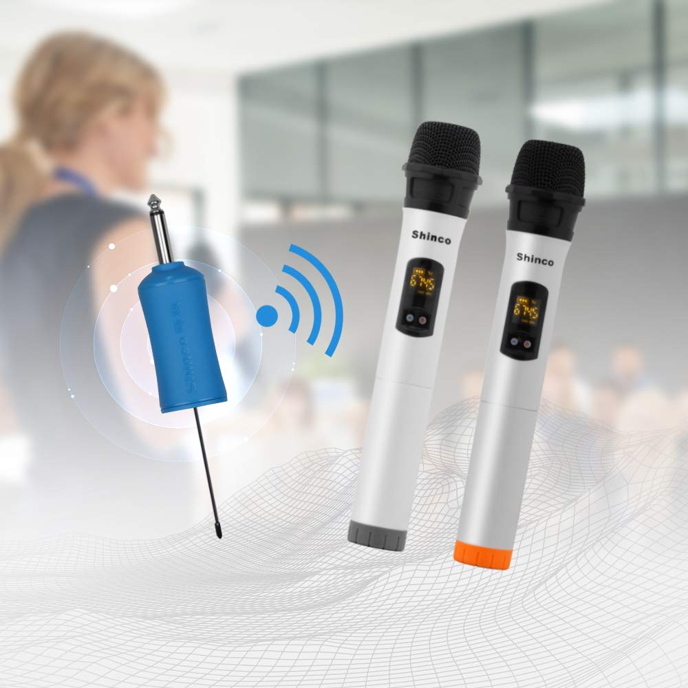Shinco Wireless Microphone System with Mini Portable Receiver 1/4 inch Output, 2 Handheld UHF Microphone for Karaoke Party Wedding Church Meeting