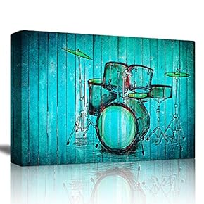 Hand Drawn Drums Over a Blue Wood Background - Canvas Art Home Art - 12x18 inches