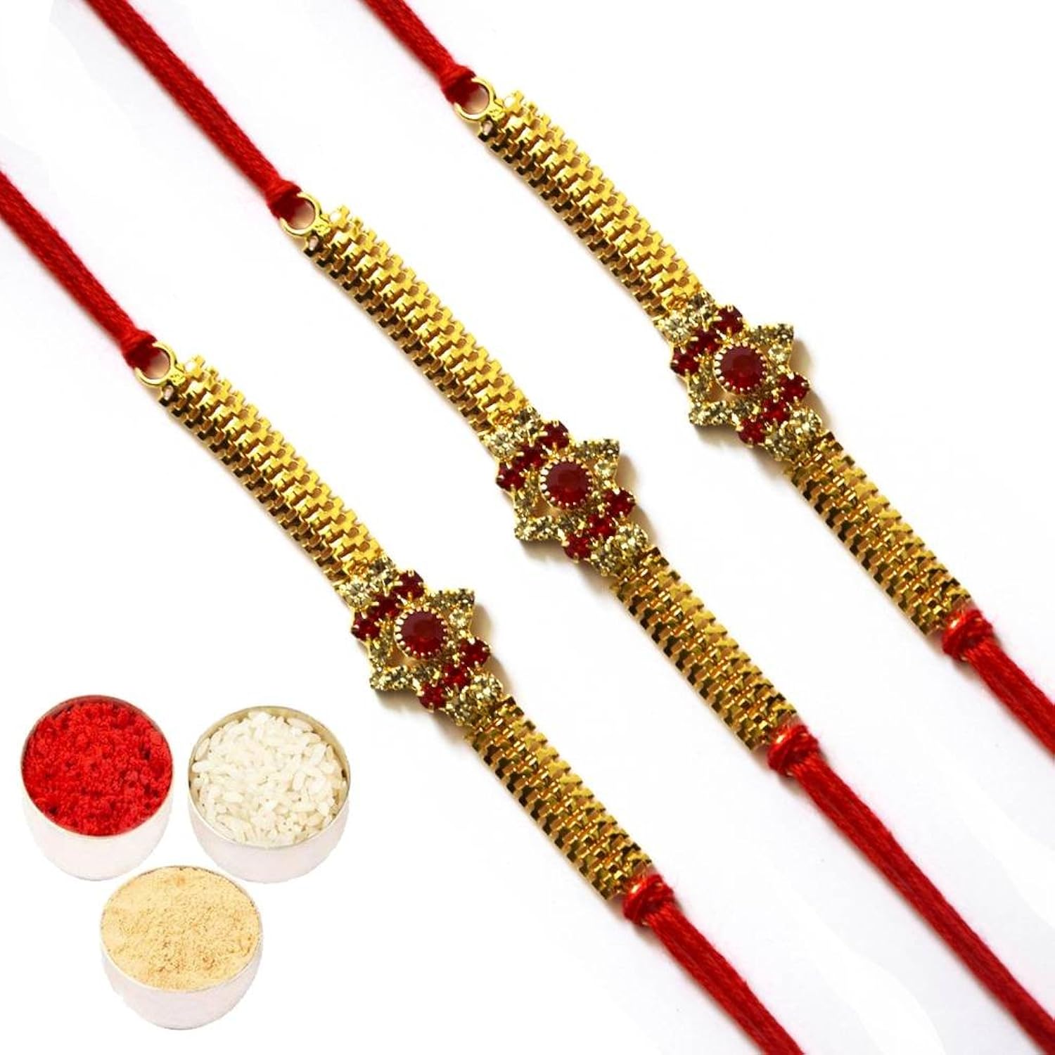 arva rakhi set of 3 with gold pendant red diamond work rakhi red thread - kimr007