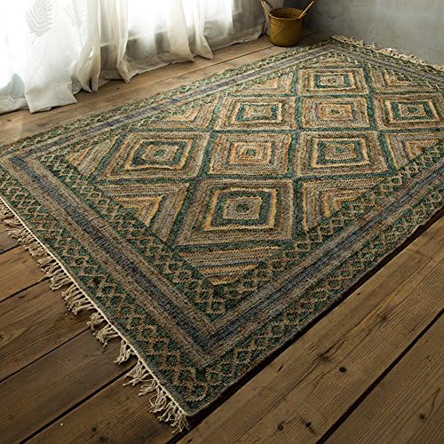 Retro Geometry Handmade Jute Carpet/Living Room/Bedroom Bedside Blanket/Personality National Wind Mat-green 120x170cm(47x67inch)