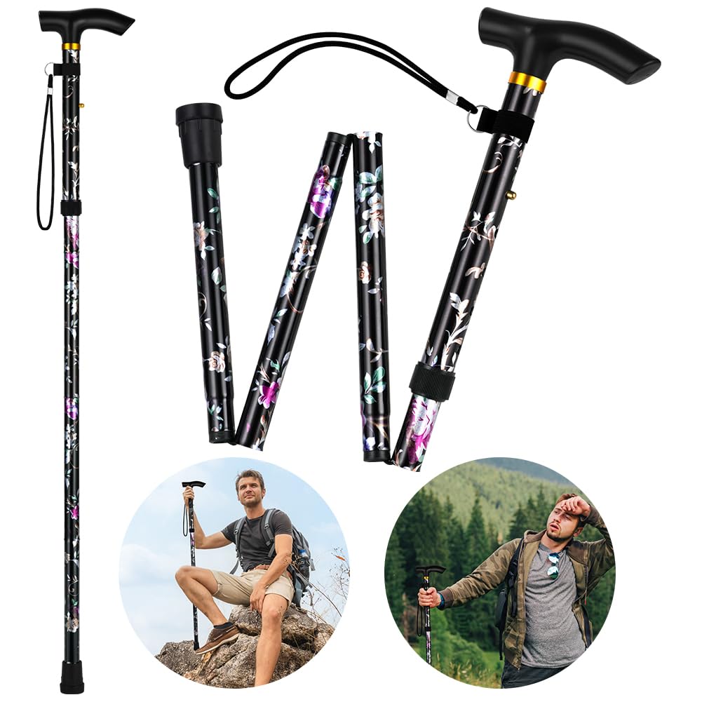 Flintronic Walking Stick, Folding Walking Stick, Adjustable Folding Walking Sticks, Collapsible Lightweight Flexible Stick, Comfortable Grip Durable Mobility Aid for Men Women, Black Print