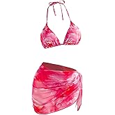 OYOANGLE Women's 3 Piece Swimsuits Tie Dye Floral Triangle Bikini Set with Sarong Cover Ups Vacation Bathing Suits