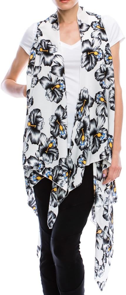 SHOPPOLALA Women's Hawaiian Print Kimono Vest (BLACK)