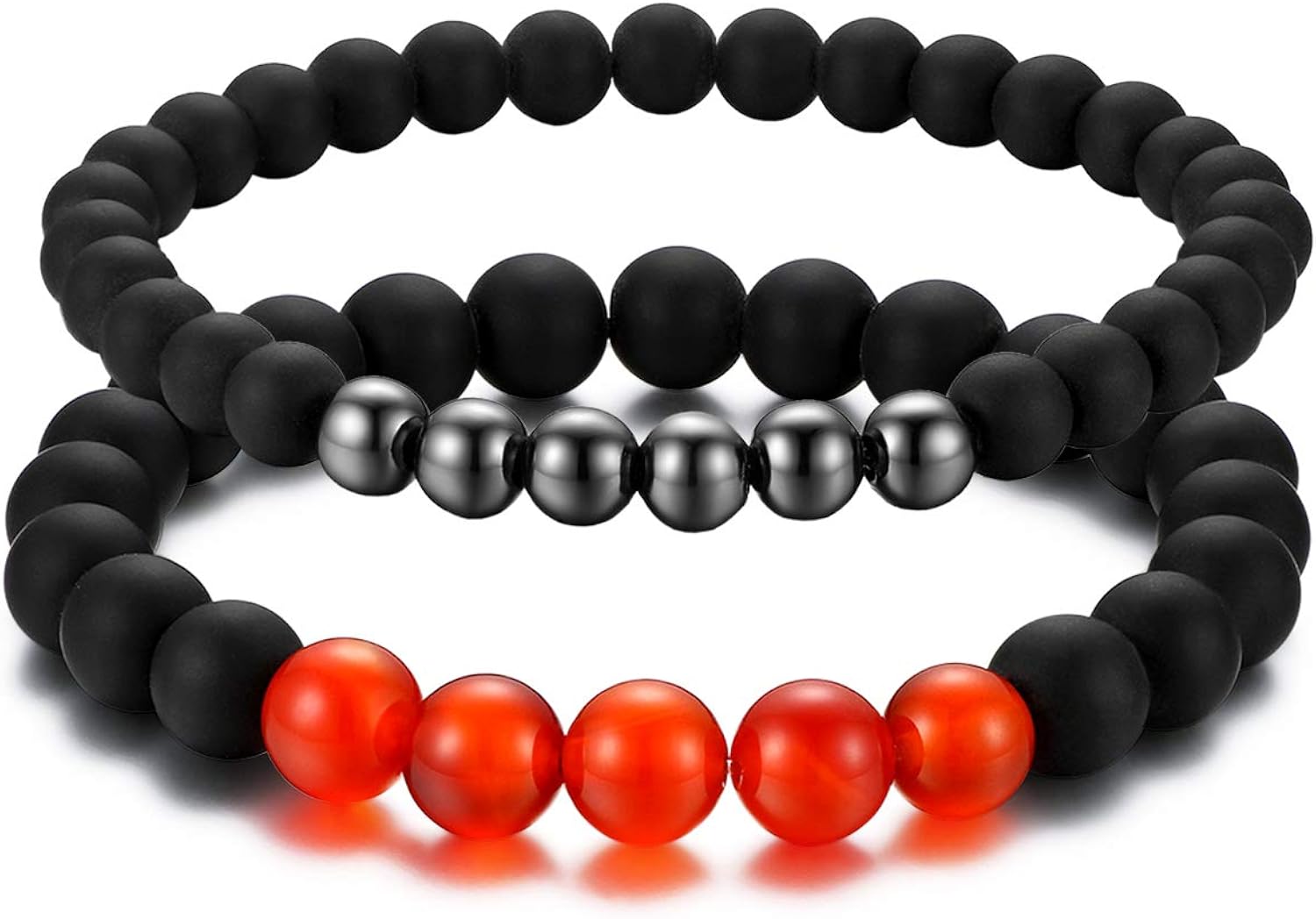 Cupimatch 2 Pcs Black Matte Agate Beads Prayer Charm Bracelet for Men Women,Black Red