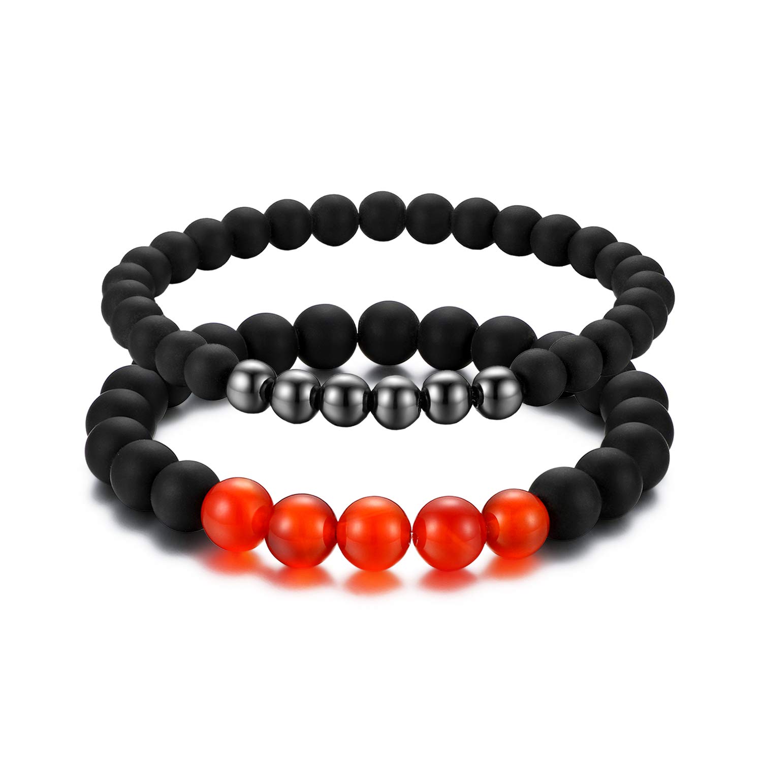 Cupimatch 2 Pcs Black Matte Agate Beads Prayer Charm Bracelet for Men Women,Black Red
