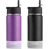 koodee 16 oz Stainless Steel Double Wall Vacuum Insulated Water Bottle with Straw 2 Pack Wide Mouth Sports Water Bottle for School (Purple-Black)