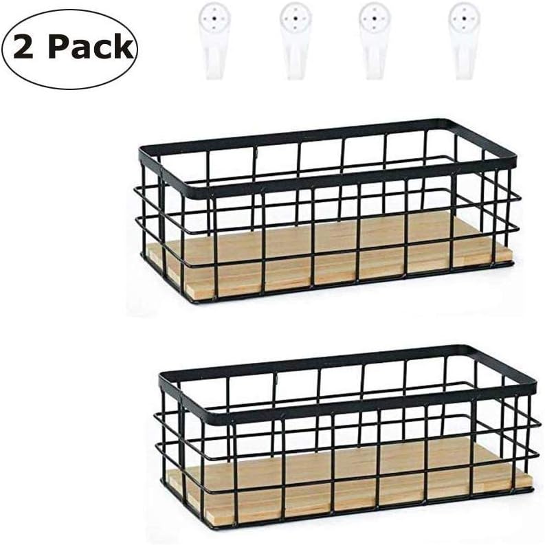 Cratone 2 Pack Metal Basket with Wooden Base Black Storage Basket Simple Nordic Bread Container Baskets Wire Utility Basket