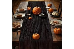 AlaTyche Black Cheesecloth Table Runner,1 PCS/35 x 120 Inch/10 Ft Long Thanksgiving Table Runner,Gauze Rustic Vintage Table Runner for Wedding Birthday Holiday Party Halloween Table Decor