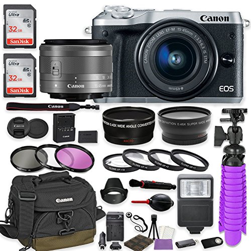 Canon-EOS-M6-Mirrorless-Digital-Camera-Silver-Premium-Accessory-Bundle-with-Canon-EF-M-15-45mm-IS-STM-Lens-Silver-Canon-Water-Resistant-Case-64GB-Memory-HD-Filters-Auxiliary-Lenses