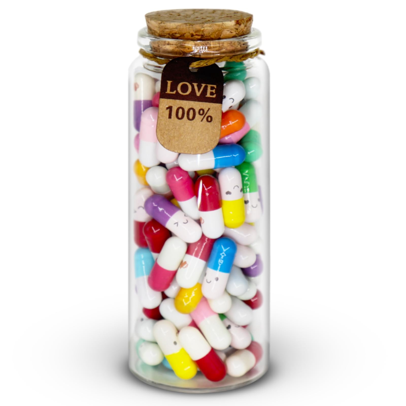 Mczcent Capsule Letters Message in a Glass Bottles, 100Pcs Cute Smiling Face Love Friendship Letter Color Pill with Wishing Bottle, Message Pills for Boys Girls Friends Family