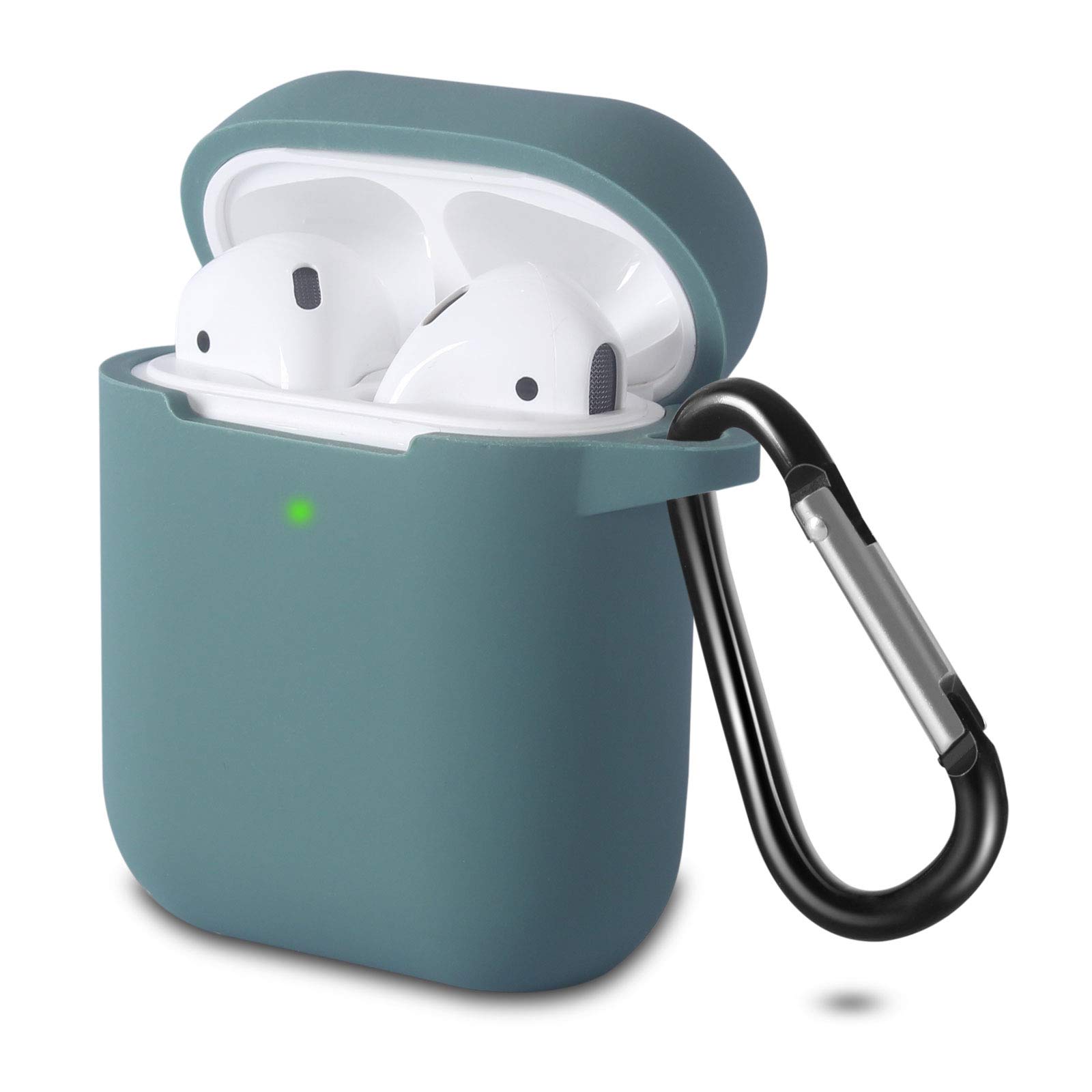 KOKOKA Case Cover Compatible with AirPods 2 & 1, Silicone Shockproof Case Cover for Airpods 2 &1 Front LED Visible Extra Protection with Carabiner, Deep Green