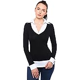 AmélieBoutik Women Faux Shirt 2 in 1 Style Long Sleeve Pullover Blouse Top