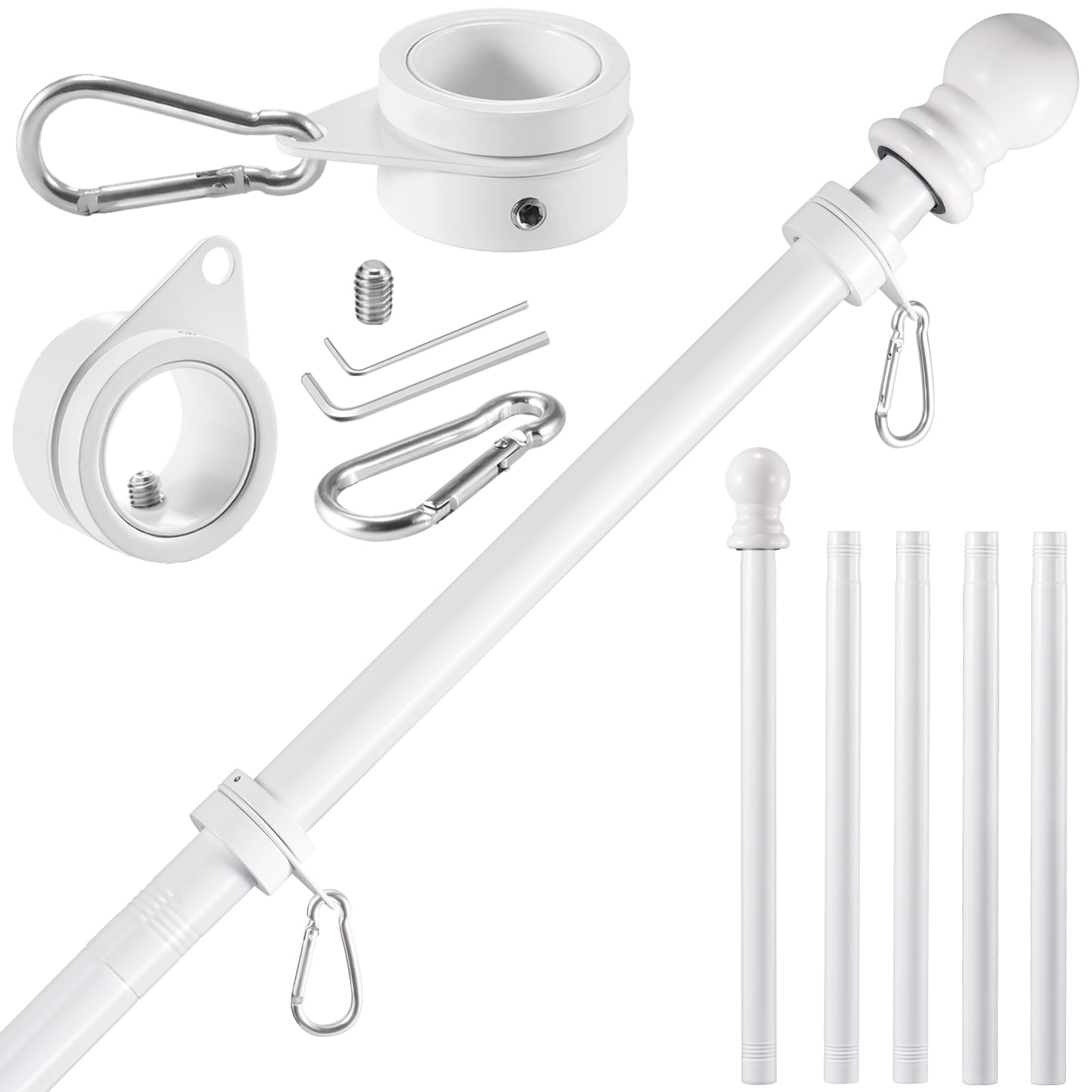 Photo 1 of BONWIN White Flag Pole Kit for Outside House, 6 FT Thickened Stainless Steel Wall Mount Flag Pole for 3x5'/ 4x6' American Flag, 1" Anti-Wrap Spinning Flagpole Rings Hardware Kits for Porch Yard