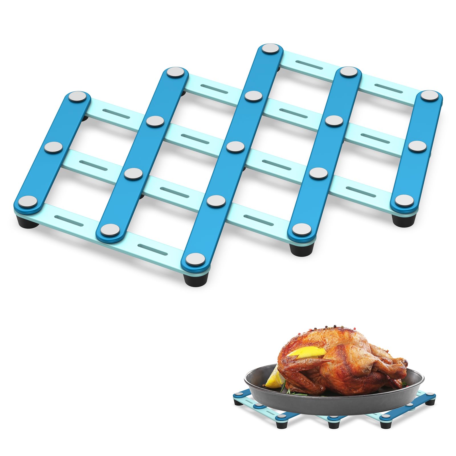 Photo 1 of 2 Pcs Stainless Steel Trivets for Hot Dishes, Two-Tone Blue Trivet Set, Large Hot Pads for Countertops&Table, Stretchable Design,Multi-Use, Heat Resistant Mat, Kitchen Pad for Pan, Pot, Plate,Teapot