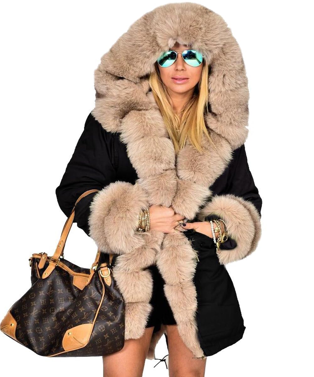 Women's Faux Fur Lined Coat Hooded Warm Winter Outwear Thicken Jackets Parka Long Cardigan