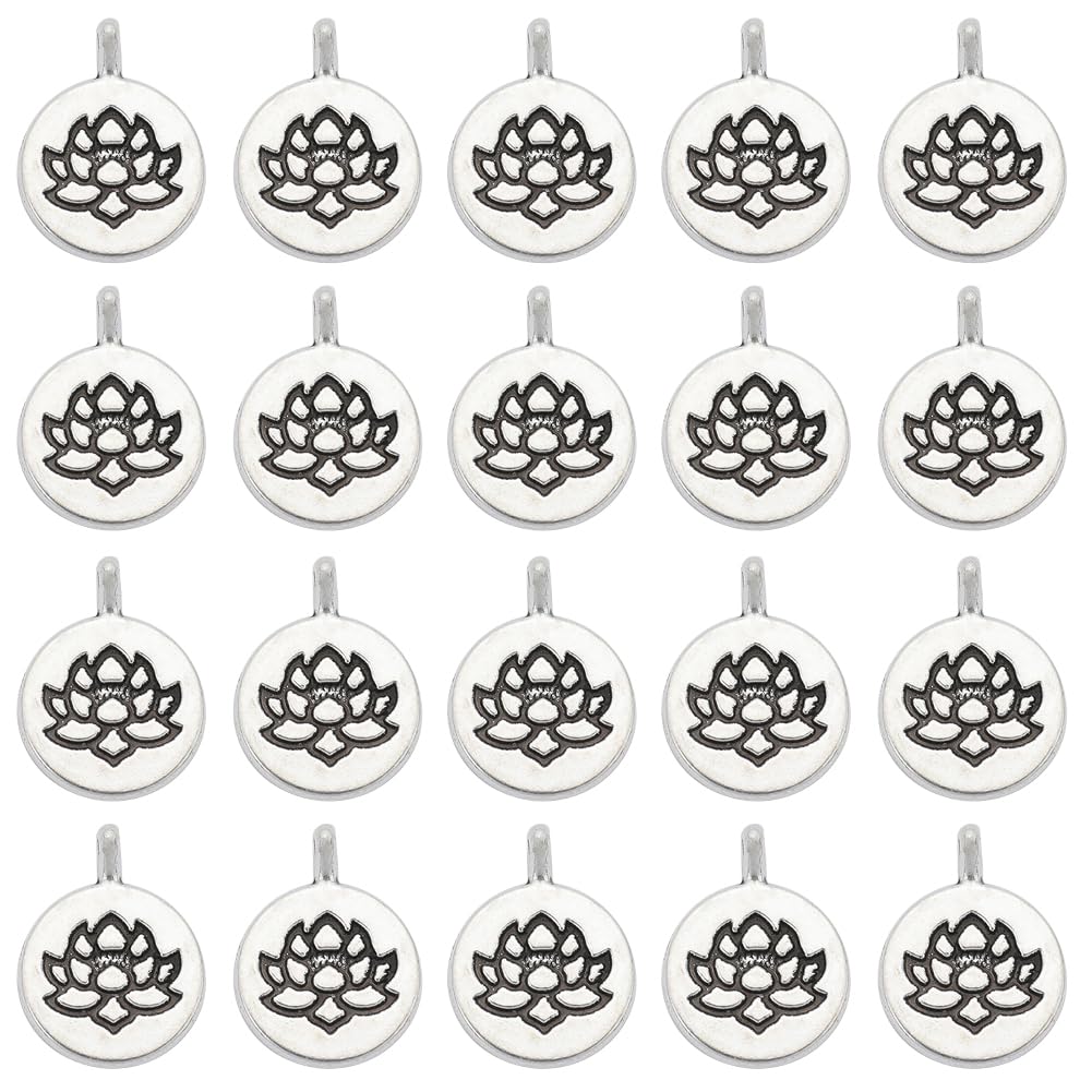 SUNNYCLUE 1 Box 50Pcs Round Lotus Charms Silver Flower Charms Bulk Mini Tibetan Metal Flat Yoga Floral Plant Energy Chakra Charm for jewellery Making Charms Women Necklace Bracelet Earring DIY Craft