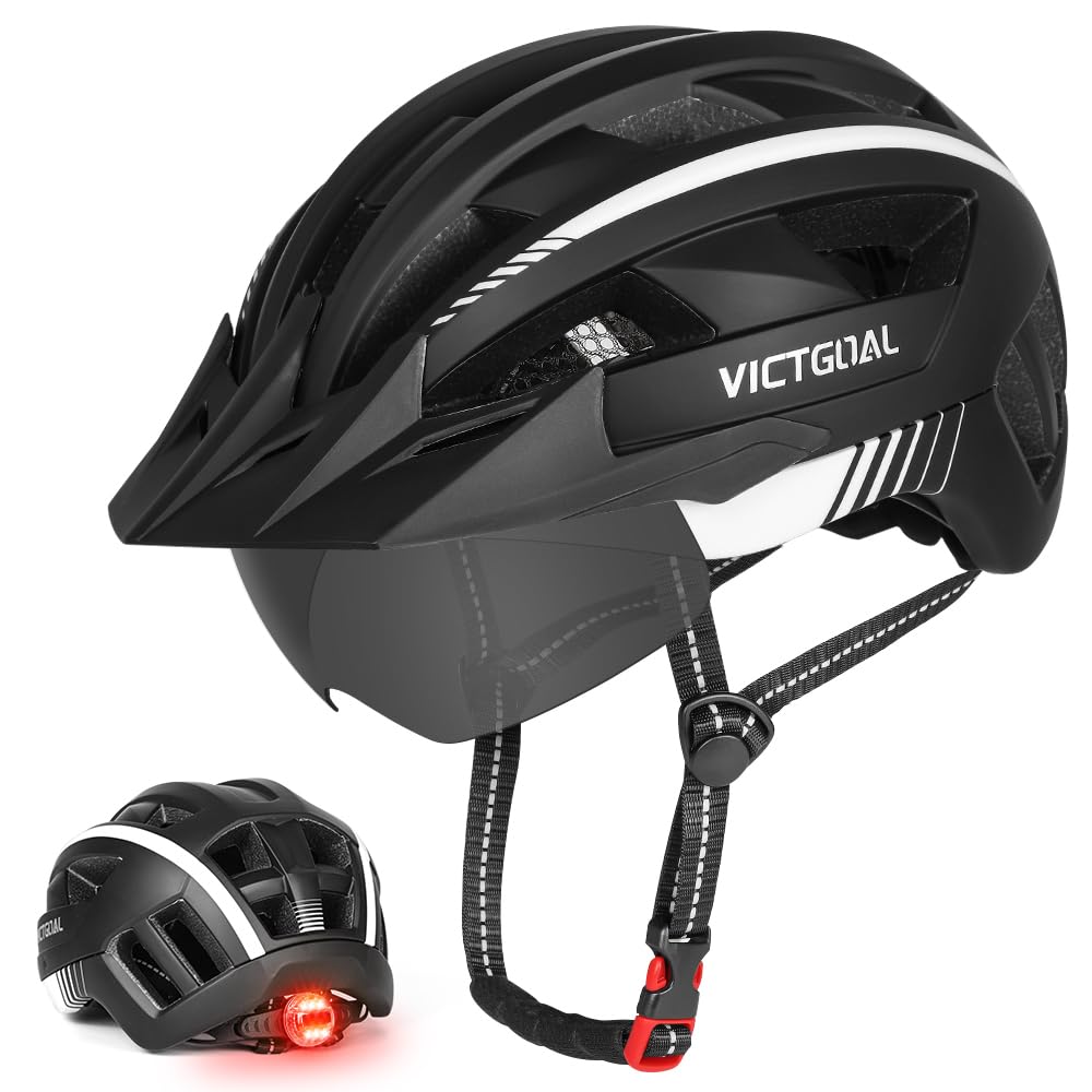 Victgoal Bike Helmet for Men Women with Led Light Detachable Magnetic Goggles Visor Mountain & Road Bicycle Helmets Adjustable Size Adult Cycling Helmets (Black White, L: 22.4-24 inch (57-61 cm))