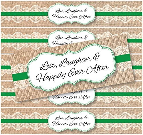48 Burlap and Lace WATERPROOF Water Bottle Stickers for Favor Bags | Love, Laughter &amp; Happily Ever After | (Kelly Green)