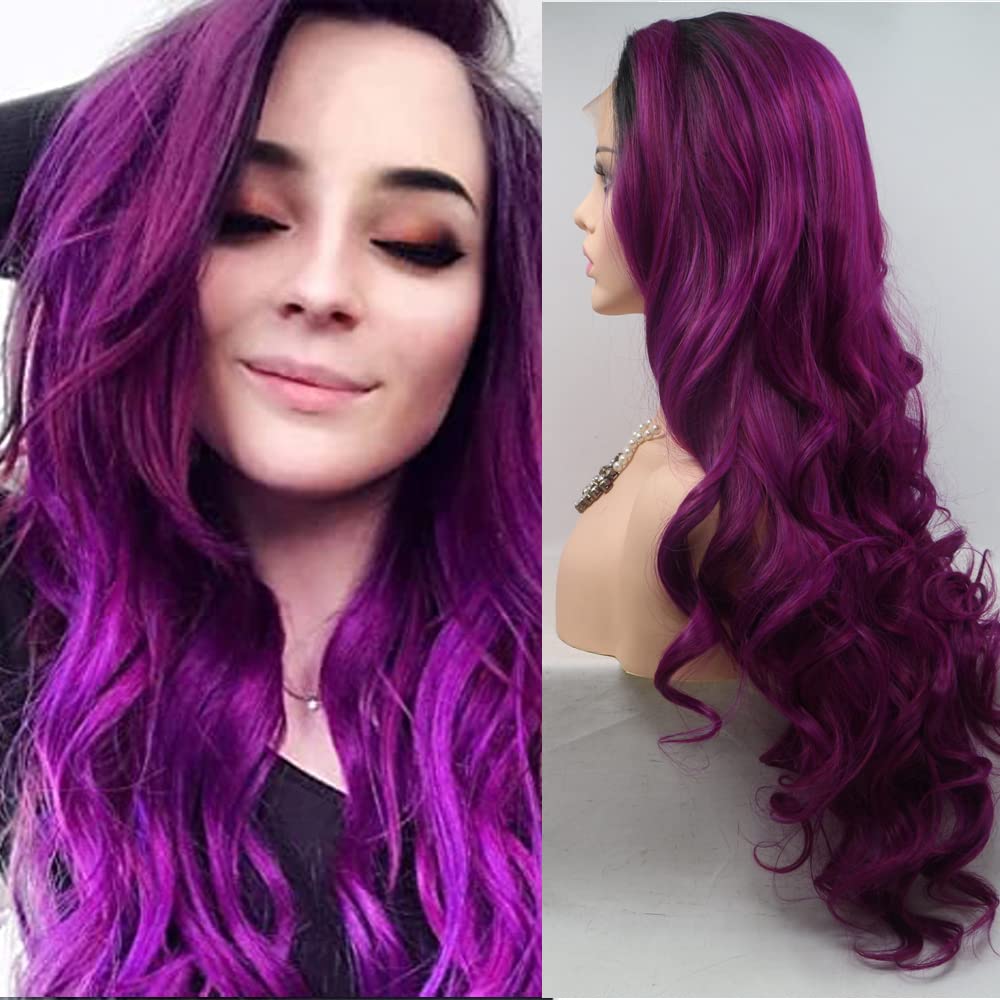 Xiweiya Dark Purple Wigs with Dark Roots Long Wavy Wig Purple Color Hair Synthetic 4 * 1 Lace Full Machine Made Wig Heat Resistant Fiber Middle Parting for Women Cosplay Makeup Party 24 Inches
