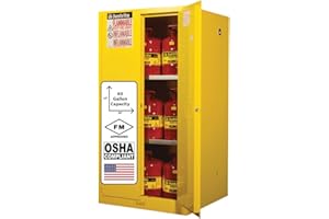 Justrite 60 Gallon Manual Close Flammable Storage Cabinet, 18 Gauge Steel, 2 Shelves, 2 Door Fire Cabinet, 65" x 34" x 34", Made in The USA, Yellow, 896000