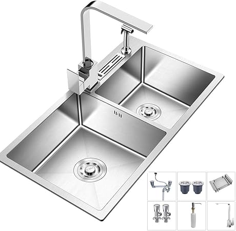 Eviers De Cuisine Evier En Acier Inoxydable Avec Porte Couteau Lavabo De Cuisine Evier Double Vasque Color Silver Size 80x45x20cm Amazon Fr Cuisine Maison