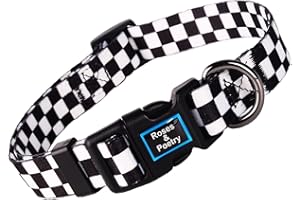 Roses&Poetry Dog Collar with Colourful Checkered Patterns, Adjustable Durable Puppy Collars for Small Medium Large Dogs (Black & White-S)