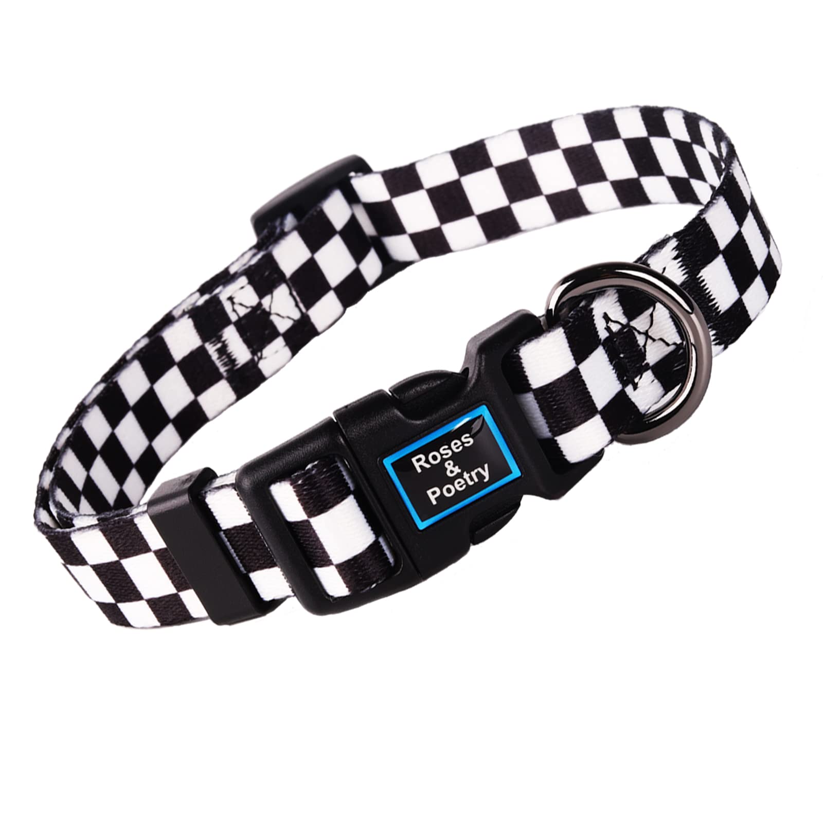 Roses&Poetry Dog Collar With Colourful Checkered Patterns,Adjustable Durable Puppy Collars for Small Medium Large Dogs（Black & White-L）