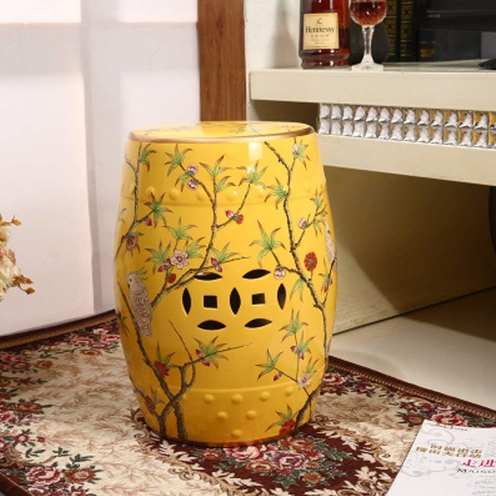 Shoe Stool Hand-Painted Flowers and Birds Chinese Stools Ceramic Drum Stool Dressing-Benches Round Mound Stool(32x45cm) (Color : Yellow)