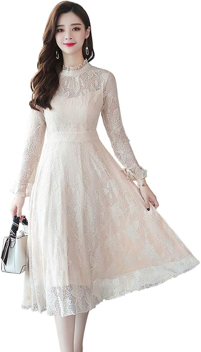 Amazon Iminoaru レディース ドレス レース ワンピース ミモレ丈 長袖 フレア シースルー セクシー 裏地あり 通勤 パーティー お呼ばれ 二次会 披露宴 結婚式 パーティードレス 通販