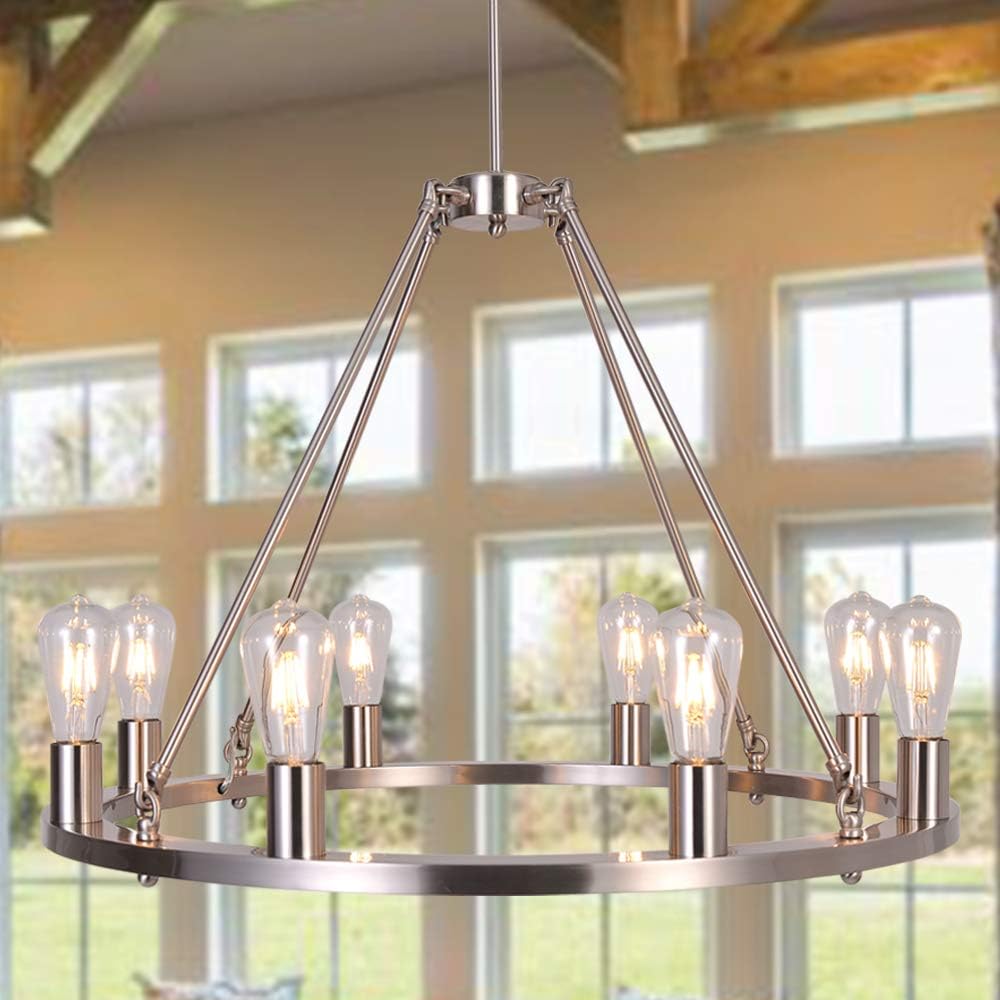 OSAIRUOS Farmhouse Rustic Chandelier Antique Retro Industrial Ceiling Pendant Light Round Rod Iron Chandeliers Lighting Fixture 8-Lights for Kitchen Island Living Room W30'', Nickel - - 