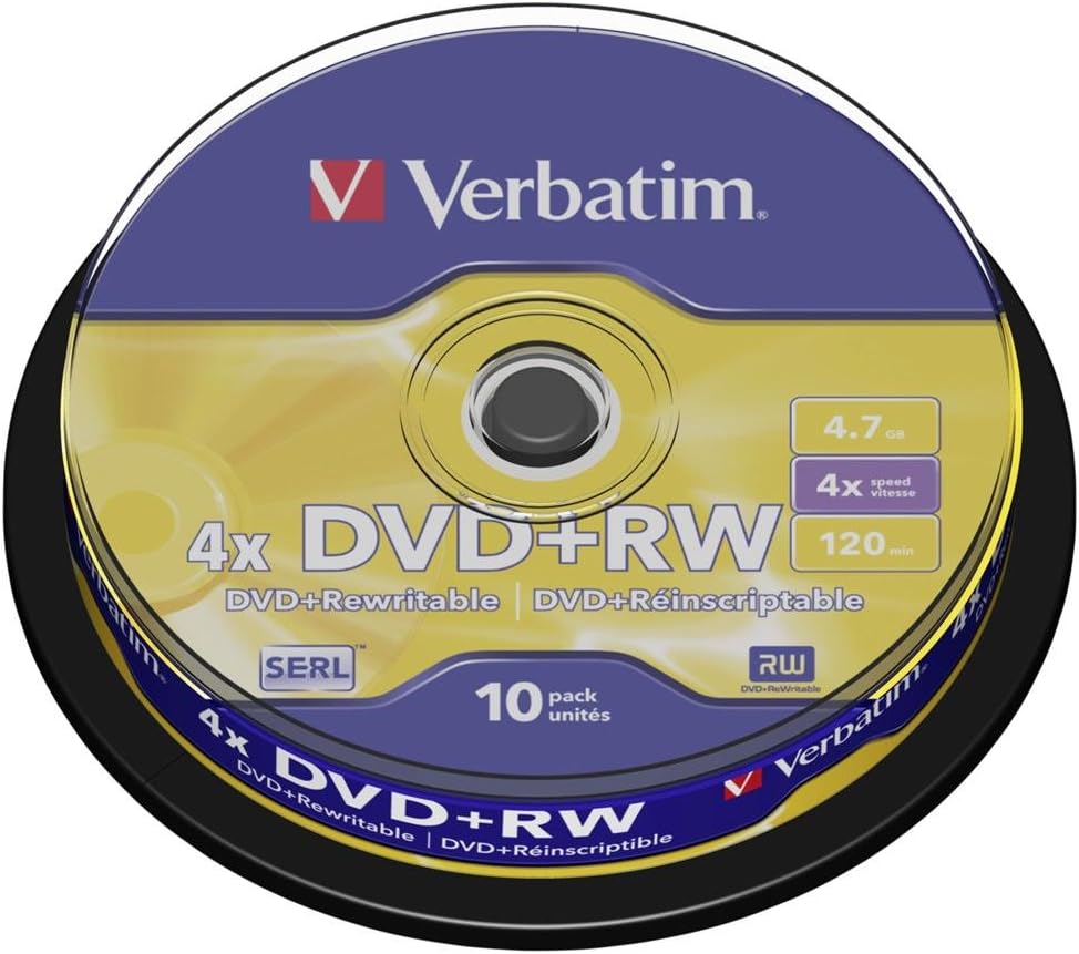 Verbatim DVD+RW 4.7GB 4x Matt Silver Spindle 10 Pack Recordable Discs