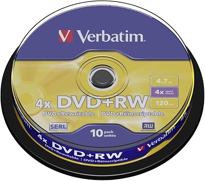 Verbatim DVD+RW 4.7GB 4x Matt Silver Spindle 10 Pack Recordable Discs