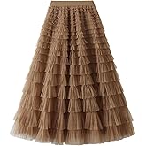 Women's Layered Tulle Skirts A Line Ruffle High Waisted Mesh Long Maxi Skirt