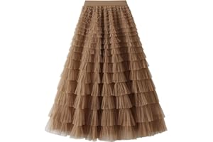 PRETTYQUEEN Women's Layered Tulle Skirts A Line Ruffle High Waisted Mesh Long Maxi Skirt Petticoat
